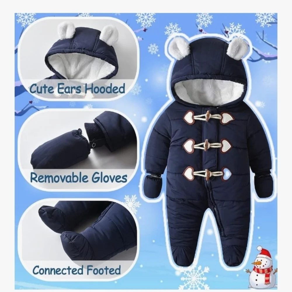 > Navy Blue Bear Ear Kids One Piece Winter Jumpsuit Size 6-9 Month